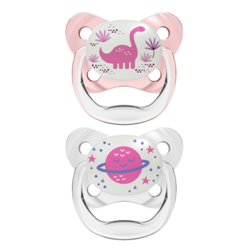 Dr Brown's Ορθοδοντικές Πιπίλες Σιλικόνης για 6-18 μηνών Νυκτός Δεινόσαυρος Ροζ 2τμχ